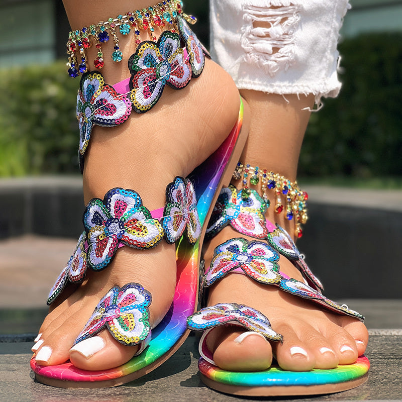 Butterfly Pattern Toe Ring Slingback Beach Sandals - Anklet Not Included