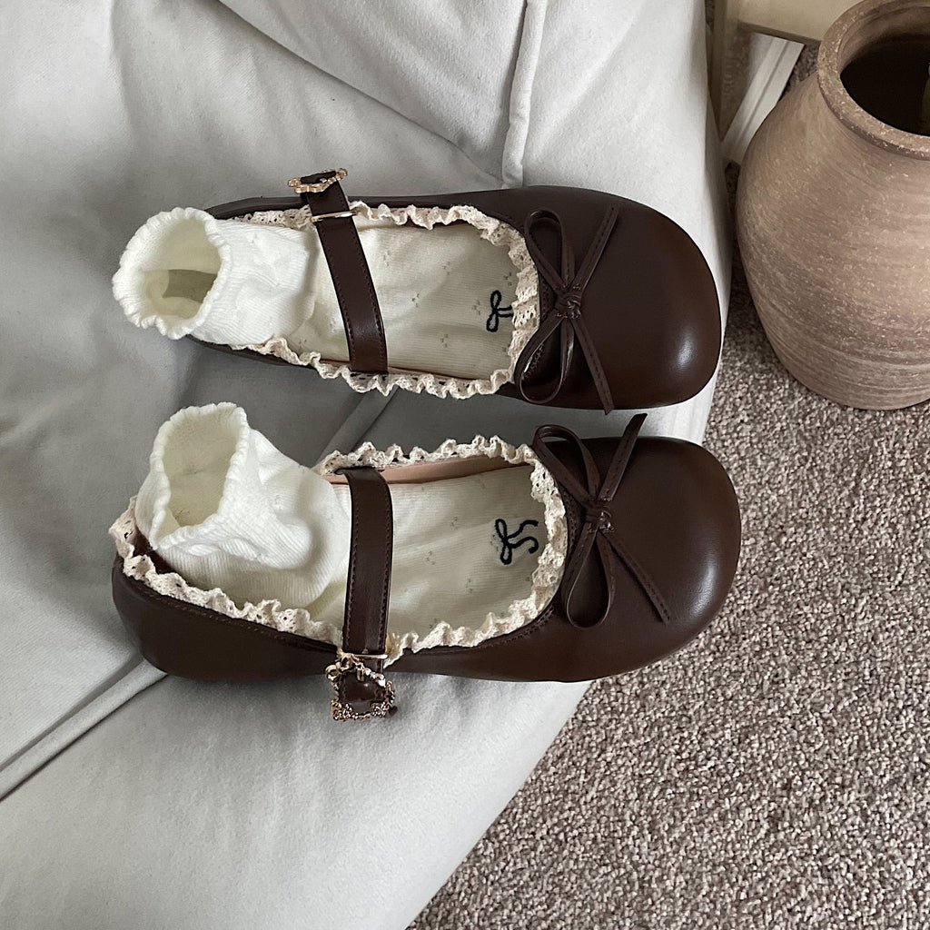 Round Toe Vintage Bow Leather Flat Shoes