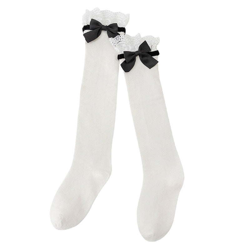College Style Lace Black Bow Calf Socks