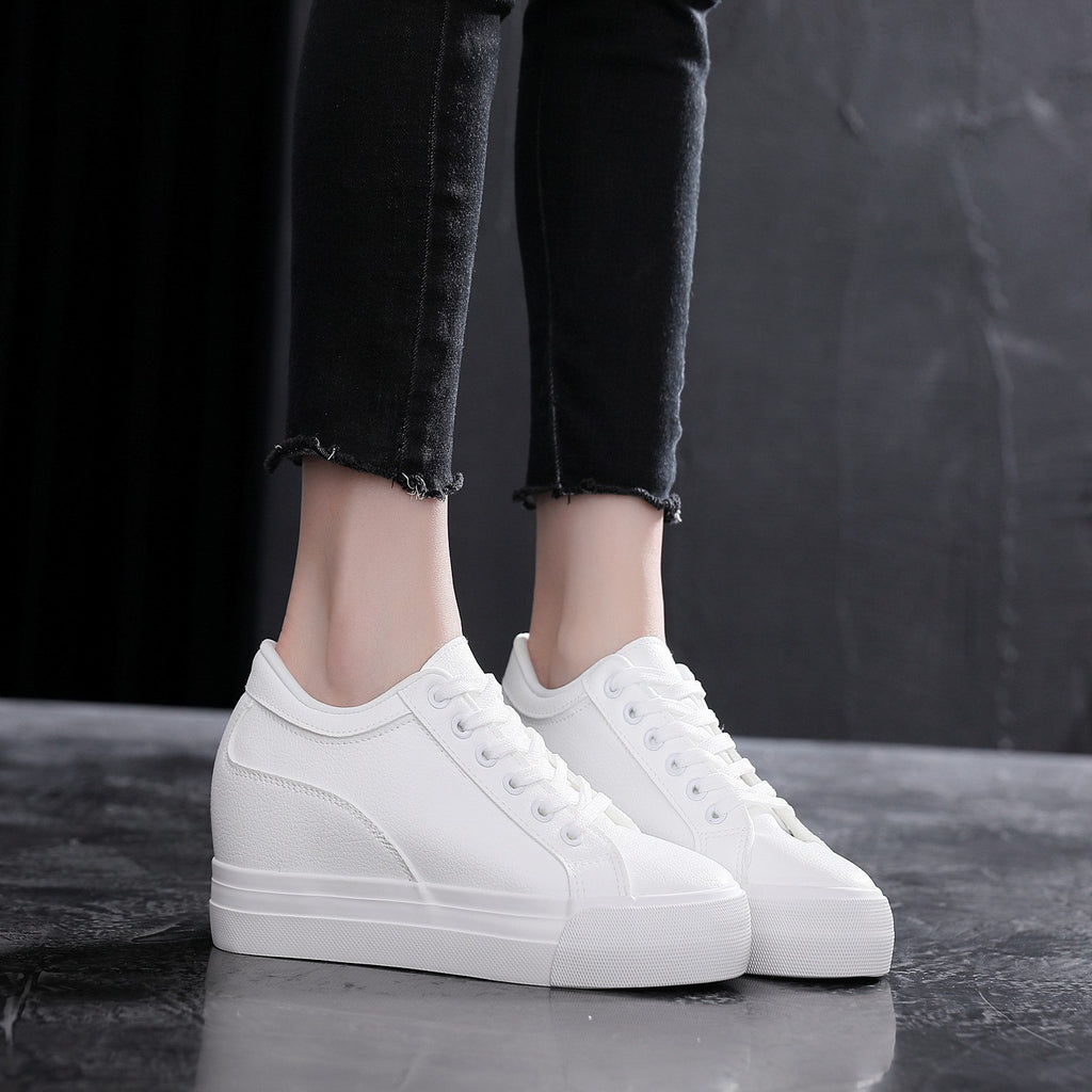 Soft Leather White Thick Bottom Height Increasing Insole Canvas Shoes