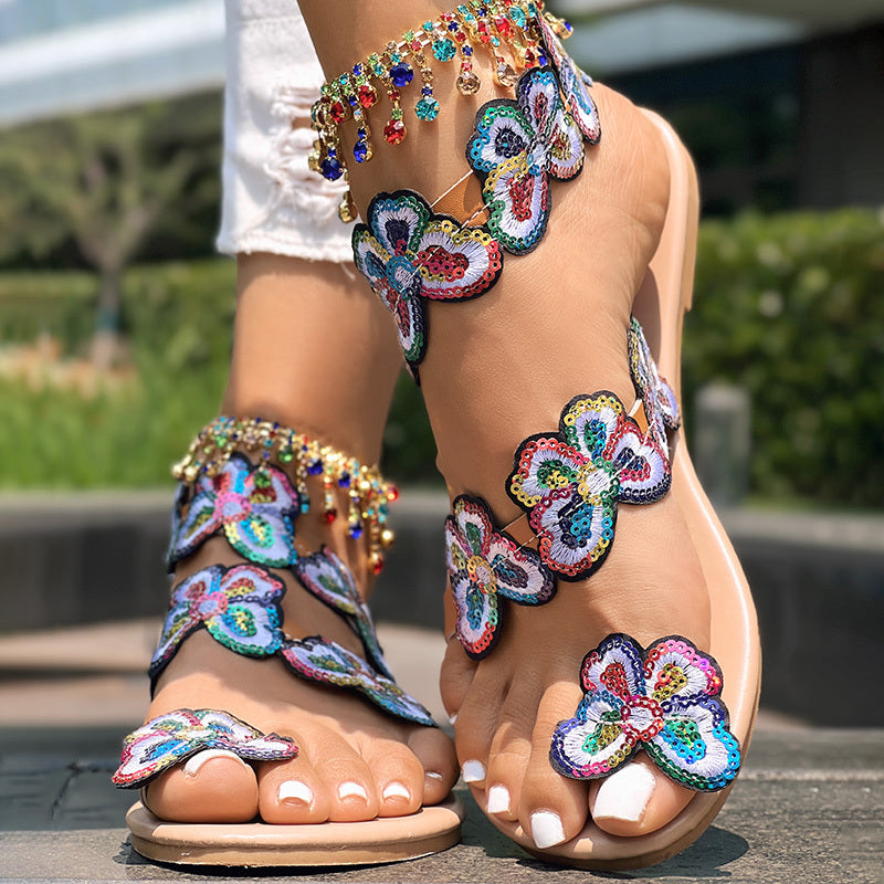 Butterfly Pattern Toe Ring Slingback Beach Sandals - Anklet Not Included