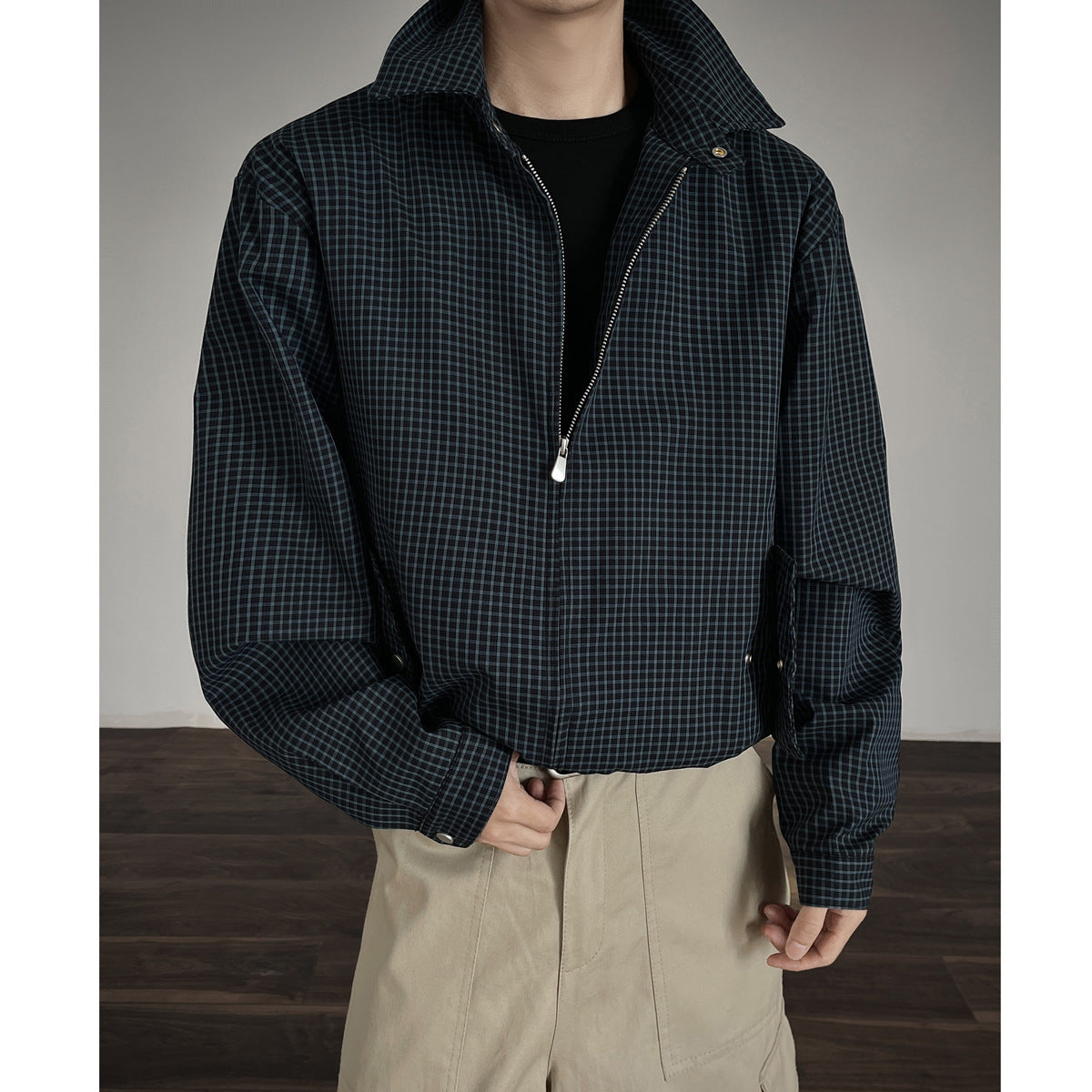 Korean Style Simple Retro Plaid Short Jacket With Double Zipper