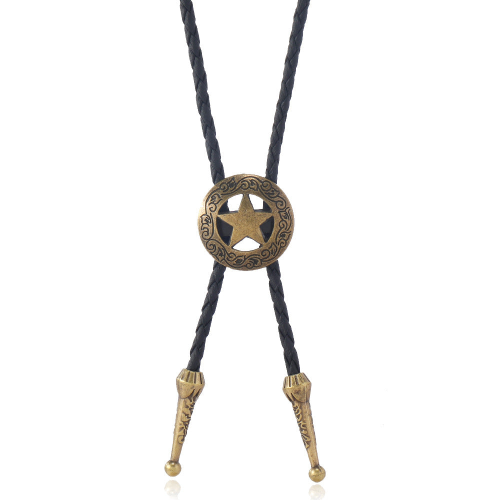 Pentagram Cow Alloy Pendant Polo Collar Necklace Vintage Punk Style Men's Leather Long Necklace Accessories