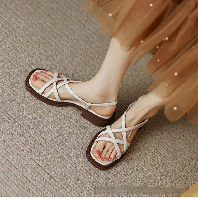 Cross Strap Open Toe Beach Flat Square Toe Soft Bottom Women's Buckle Sandals