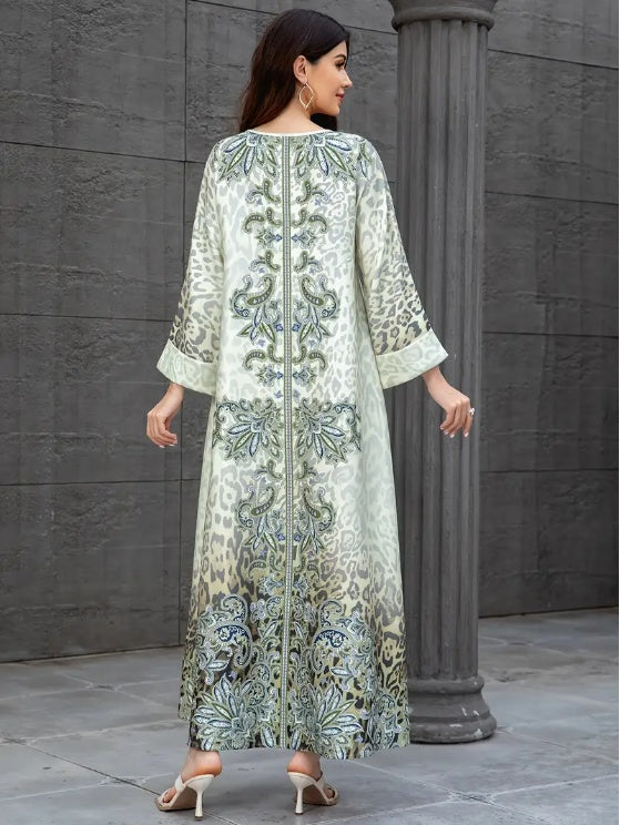 Elegant Floral Print Long Sleeve Abaya Dress