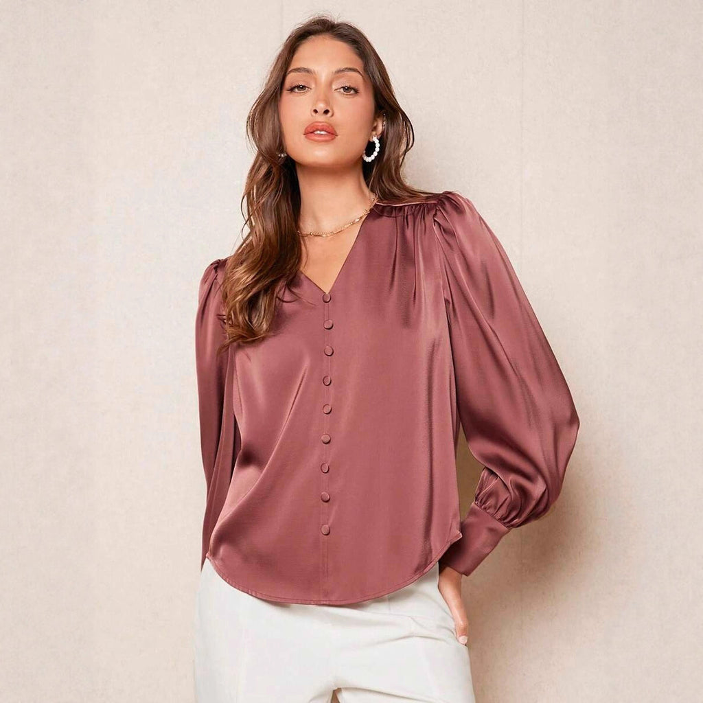 Women's New Casual Satin Button V-neck Long Sleeve Top