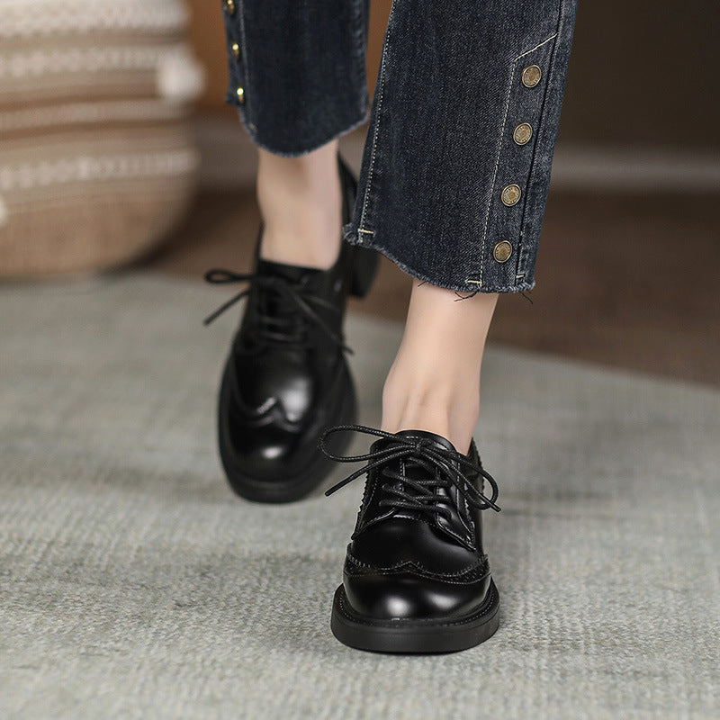 Women's Autumn New Carved Lace-up Round Head British Black Chunky Heel Shoes