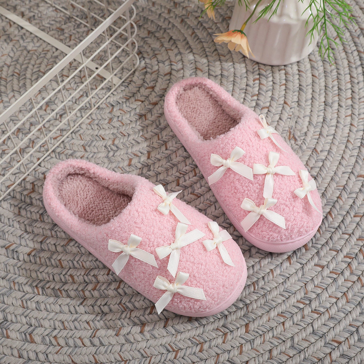 Korean Style Bow Cotton Slippers Women's Cute Warm