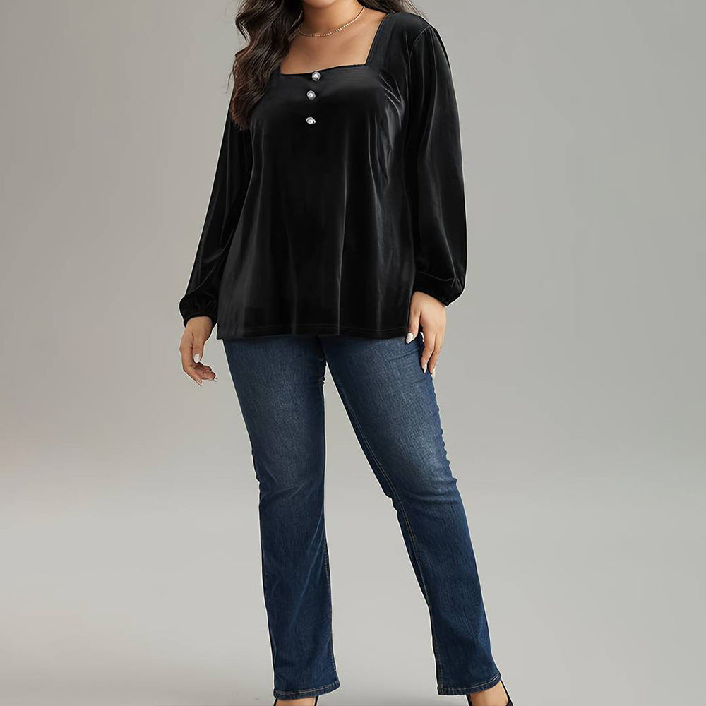 Square Neck Long Sleeve Fashion Loose Elegant Velvet T-shirt