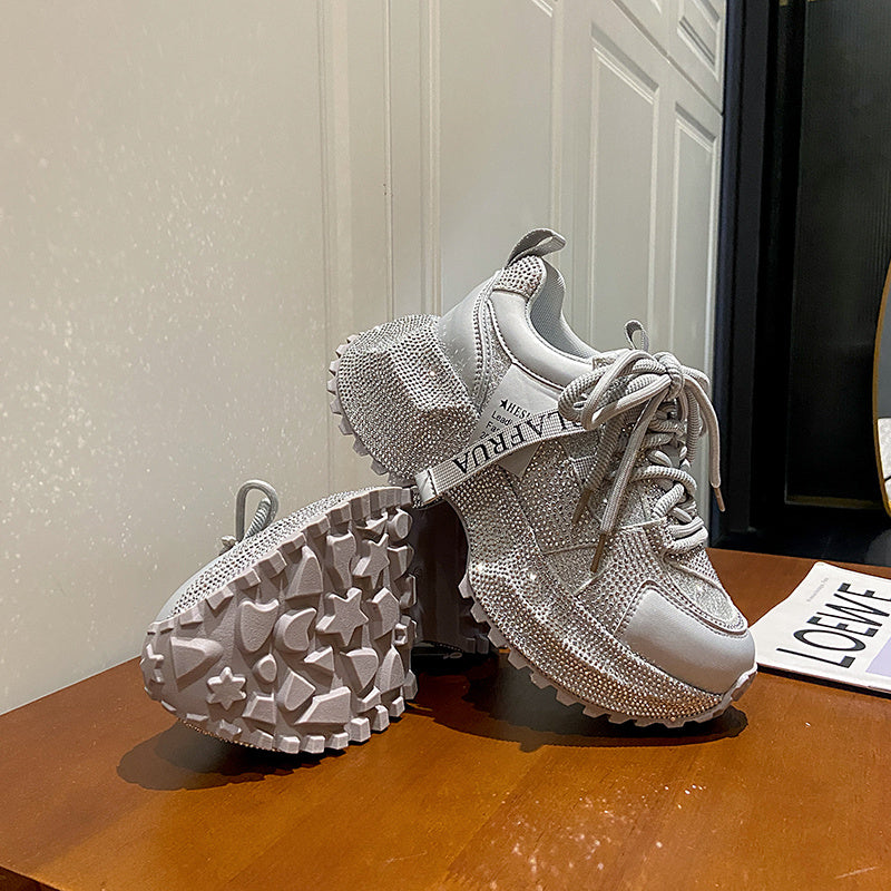 Shiny Sequin Women's High-top Sneakers With Thick Soles, Lace-up Fashion Shoes Featuring Silver And Red Rhinestone Design